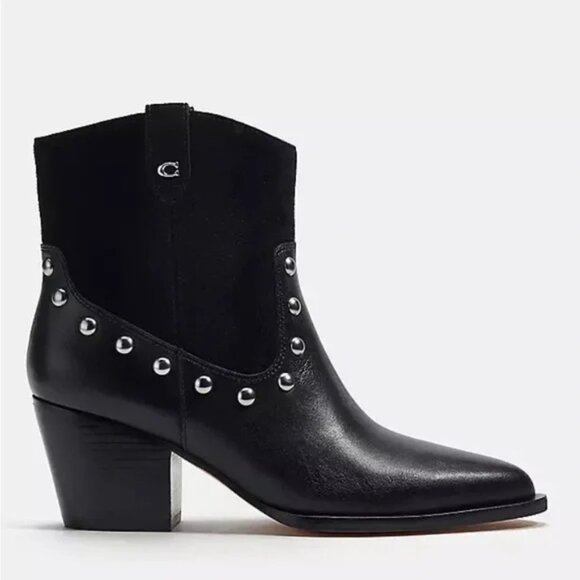 Coach Black Pauline Studded Black Leather Suede Glam Rock Cowboy Booties Boots - Picture 3 of 15